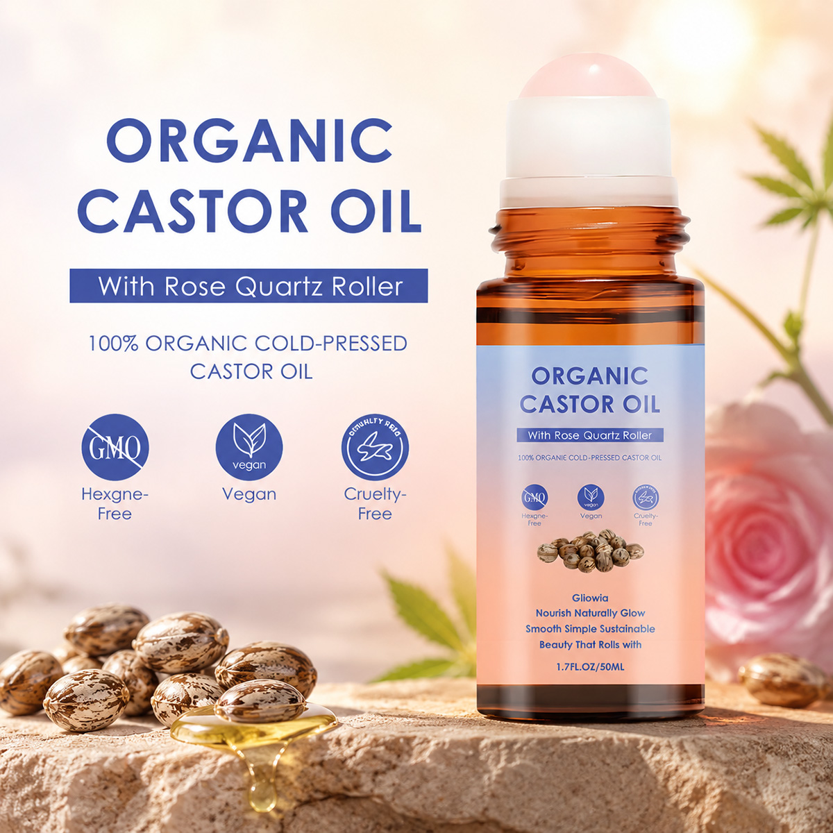 Castor Oil Cold Press - Organische Castor Olie Rozenkwarts Rollerball, 100%